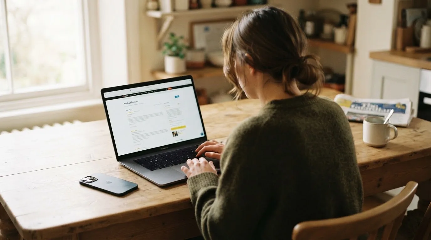 A person at a kitchen table scrolling through review pages on a laptop, phone face-down beside them.