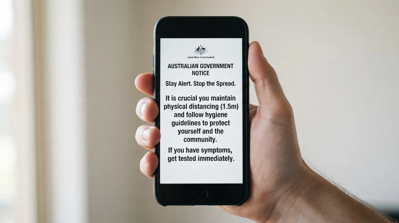 A smartphone screen showing a plain government warning notice about a blocked website, held against a blurred background.