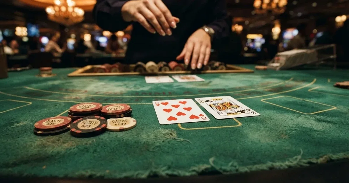 A close-up of a green felt gaming table with cards and chips mid-hand.