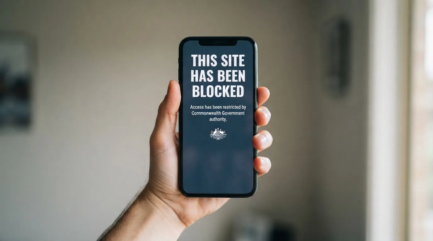 A smartphone screen showing a plain government warning notice about a blocked website, held against a blurred background.