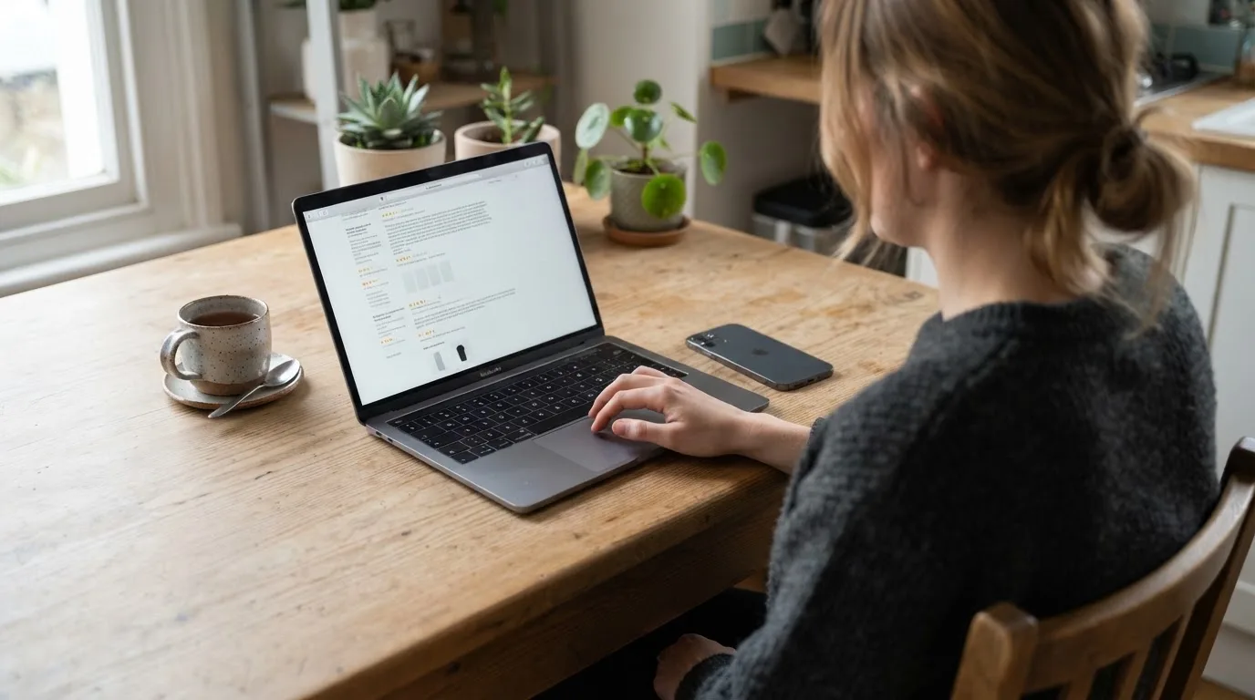 A person at a kitchen table scrolling through review pages on a laptop, phone face-down beside them.