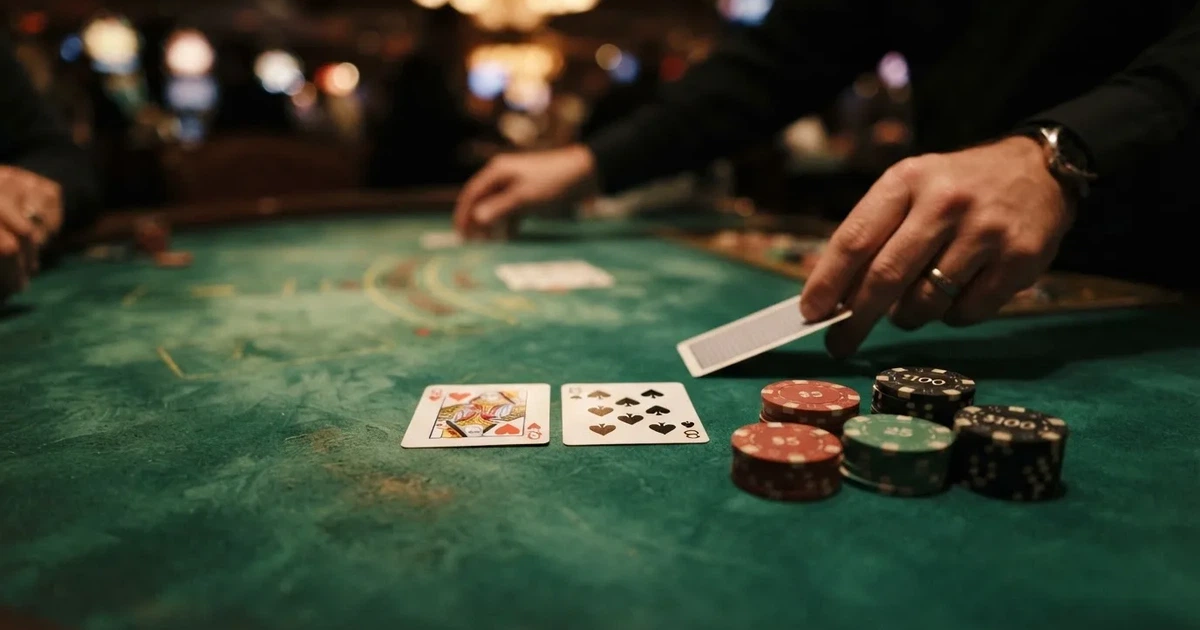A close-up of a green felt gaming table with cards and chips mid-hand.