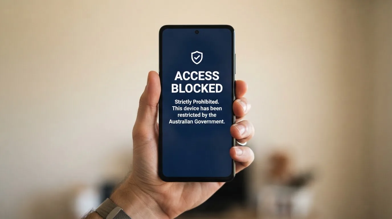 A smartphone screen showing a plain government warning notice about a blocked website, held against a blurred background.