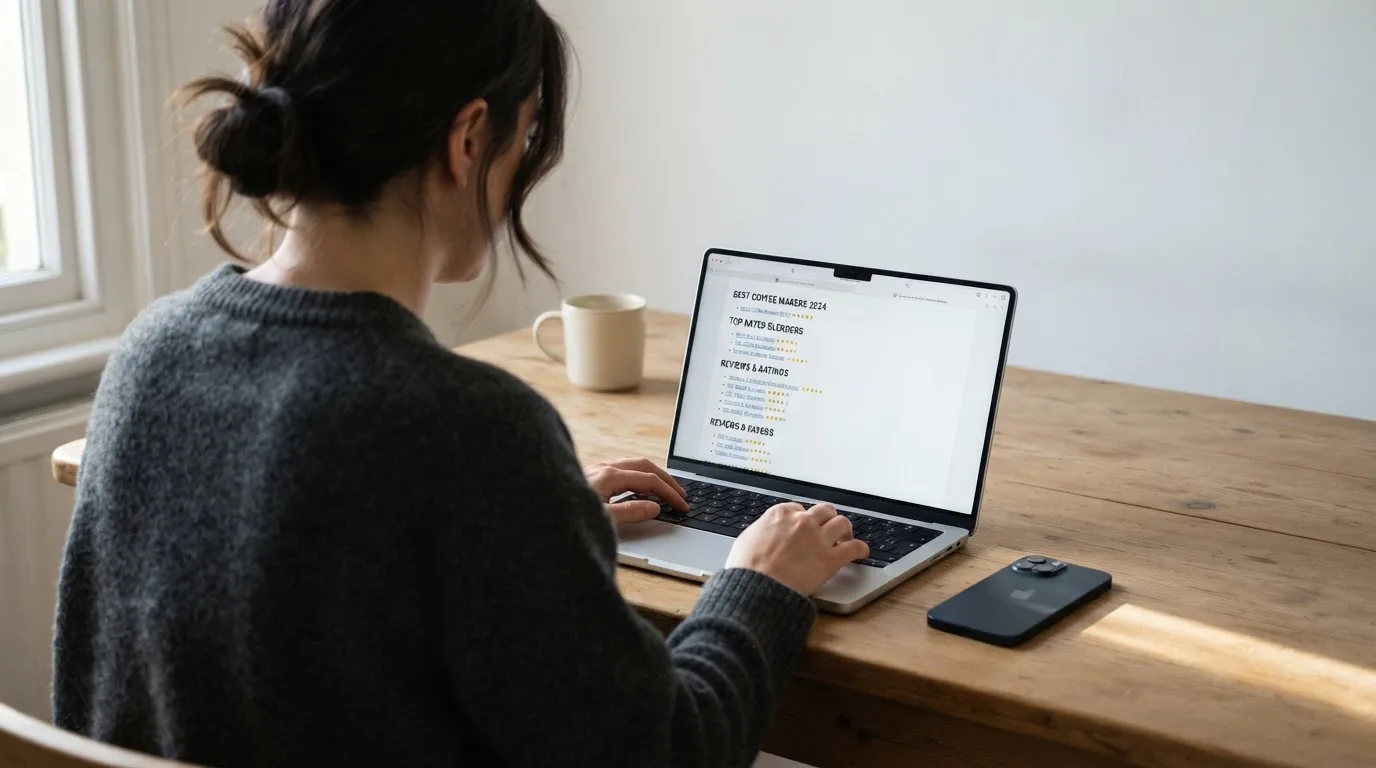A person at a kitchen table scrolling through review pages on a laptop, phone face-down beside them.
