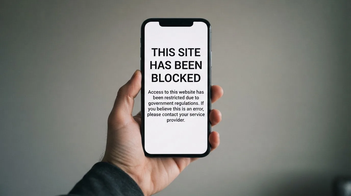 A smartphone screen showing a plain government warning notice about a blocked website, held against a blurred background.