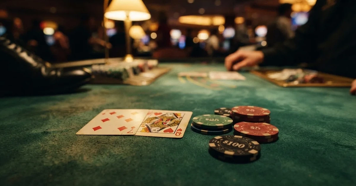 A close-up of a green felt gaming table with cards and chips mid-hand.