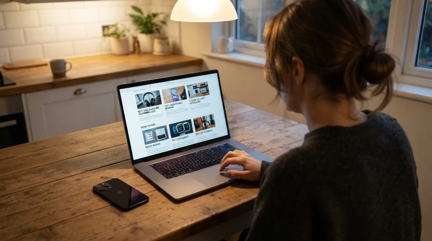 A person at a kitchen table scrolling through review pages on a laptop, phone face-down beside them.
