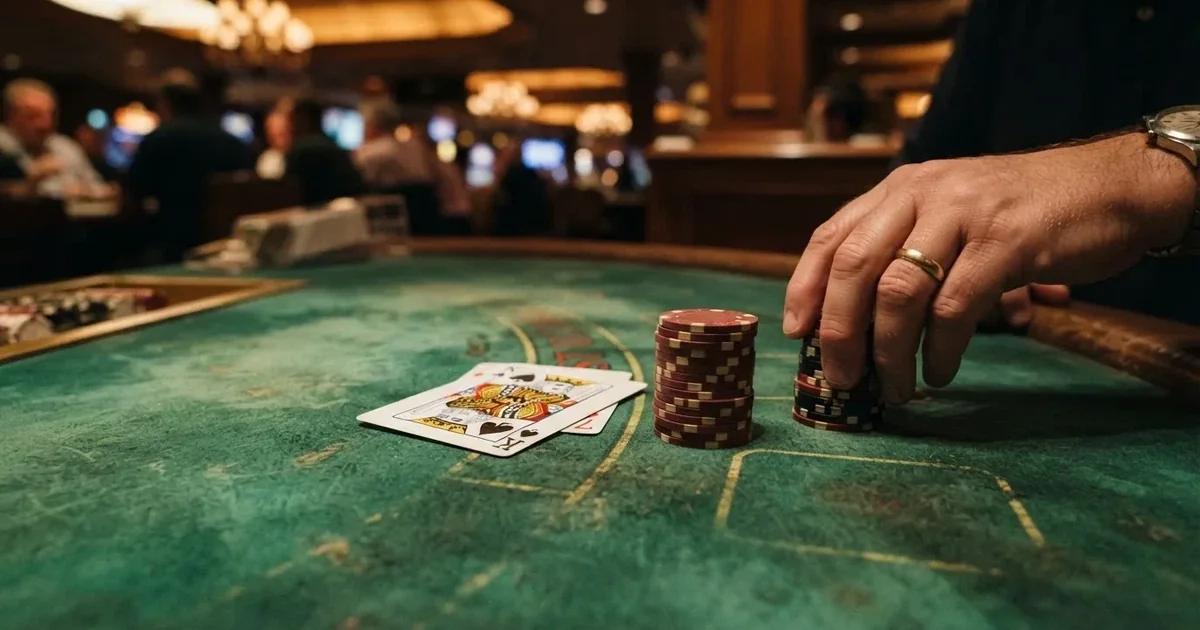 A close-up of a green felt gaming table with cards and chips mid-hand.