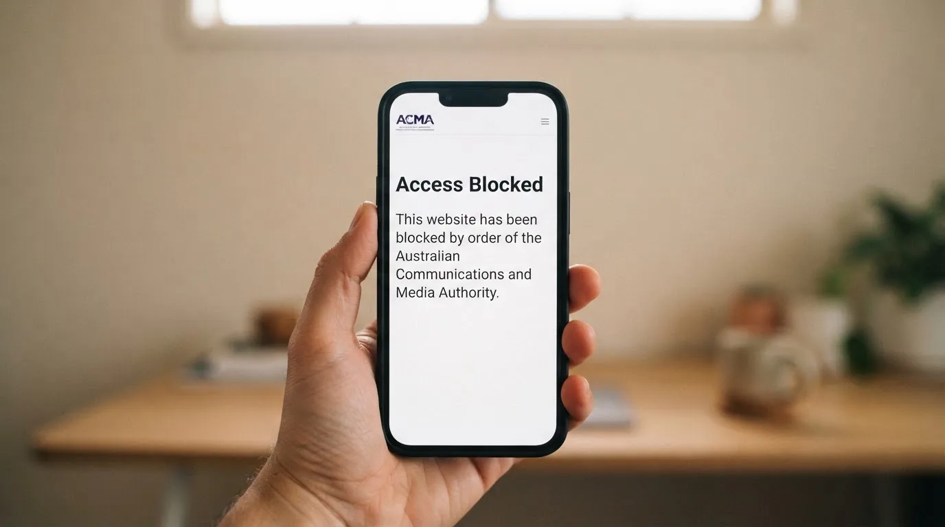 A smartphone screen showing a plain government warning notice about a blocked website, held against a blurred background.