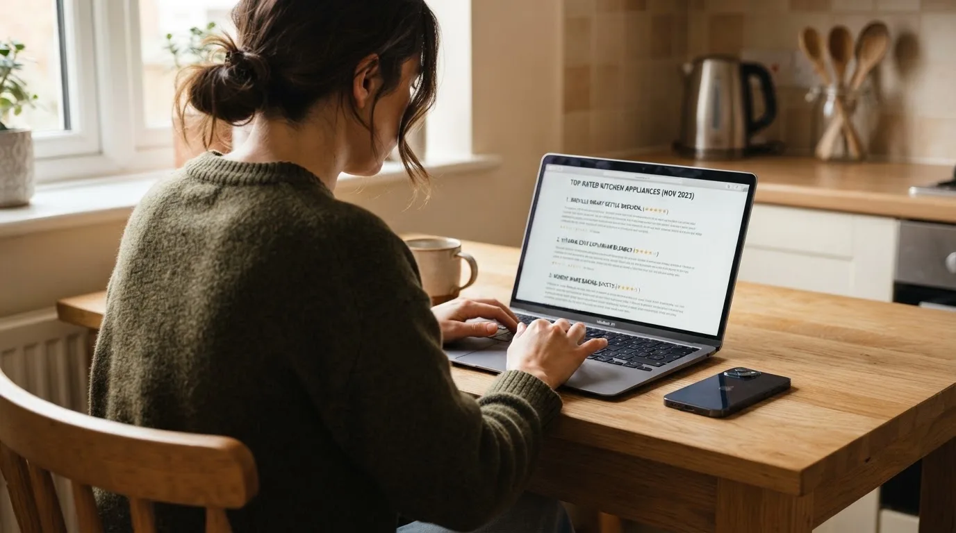 A person at a kitchen table scrolling through review pages on a laptop, phone face-down beside them.