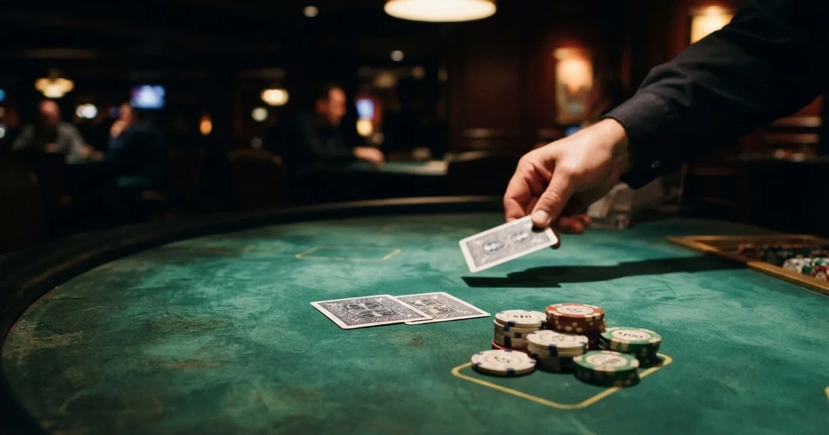 A close-up of a green felt gaming table with cards and chips mid-hand.