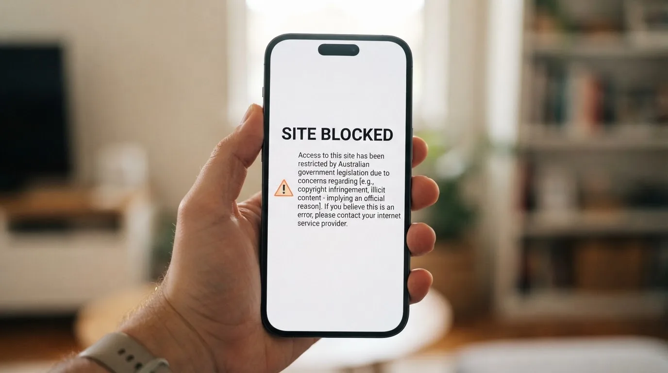 A smartphone screen showing a plain government warning notice about a blocked website, held against a blurred background.