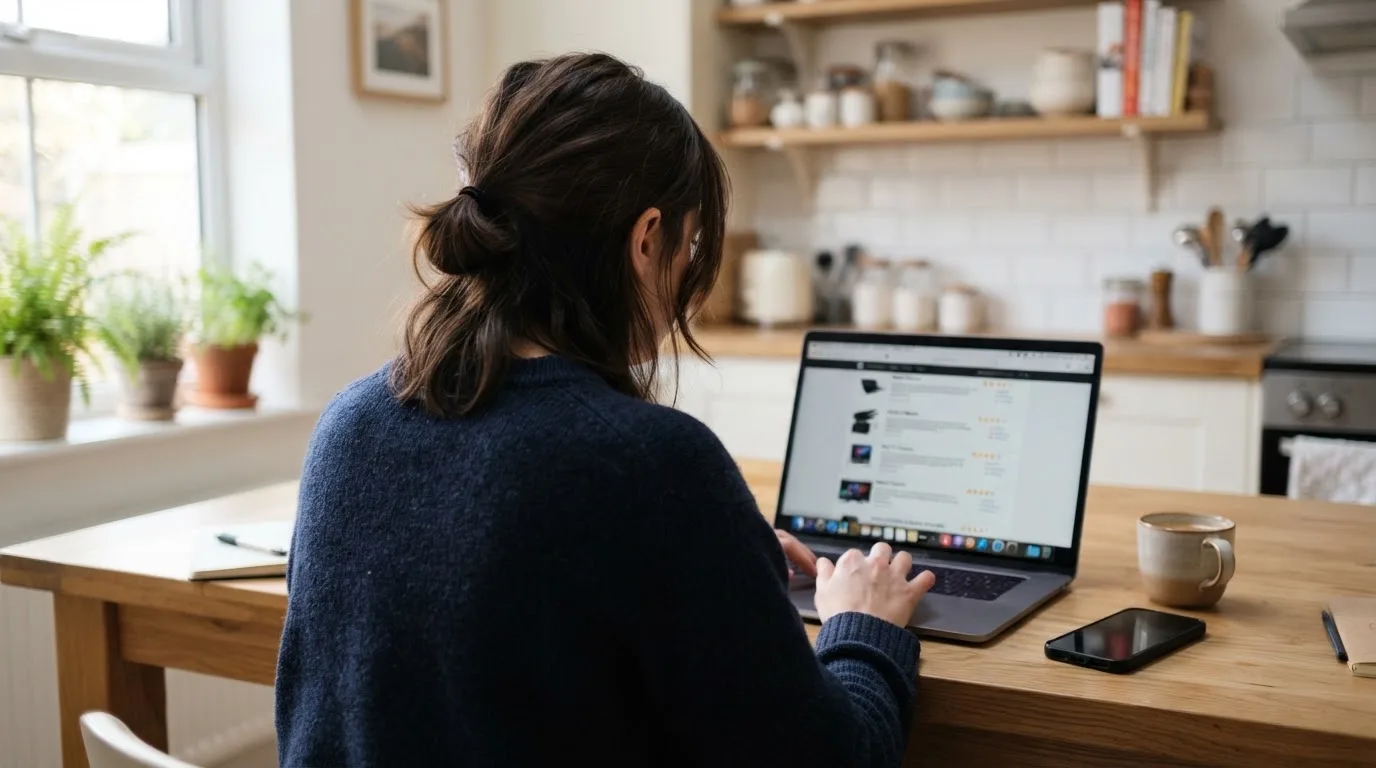 A person at a kitchen table scrolling through review pages on a laptop, phone face-down beside them.