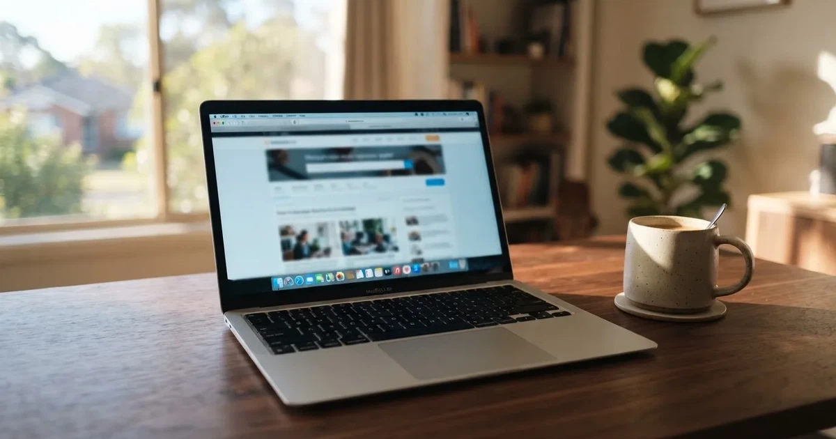 A laptop screen showing a freshly loaded website homepage, its content blurred out.