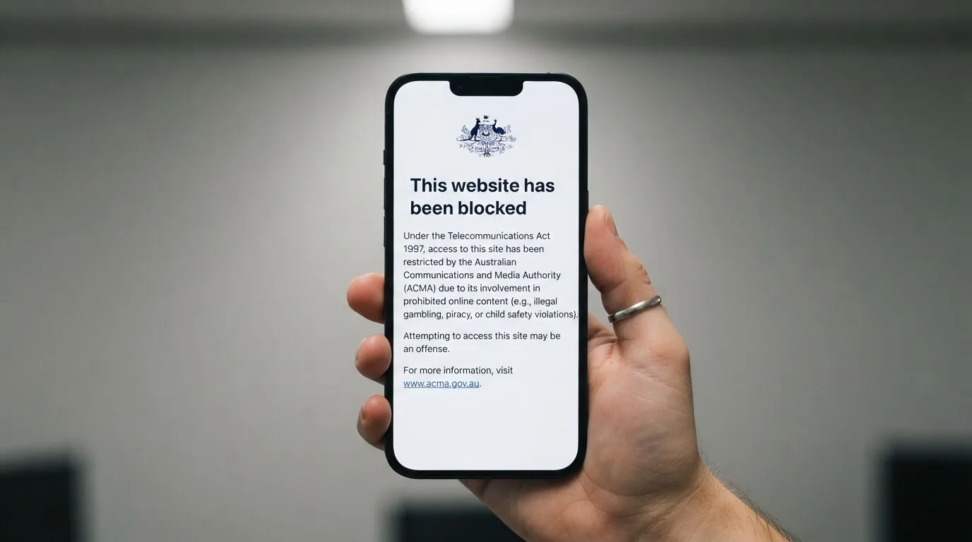 A smartphone screen showing a plain government warning notice about a blocked website, held against a blurred background.