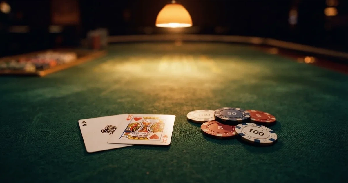 A close-up of a green felt gaming table with cards and chips mid-hand.