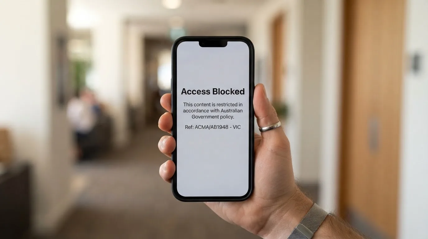 A smartphone screen showing a plain government warning notice about a blocked website, held against a blurred background.