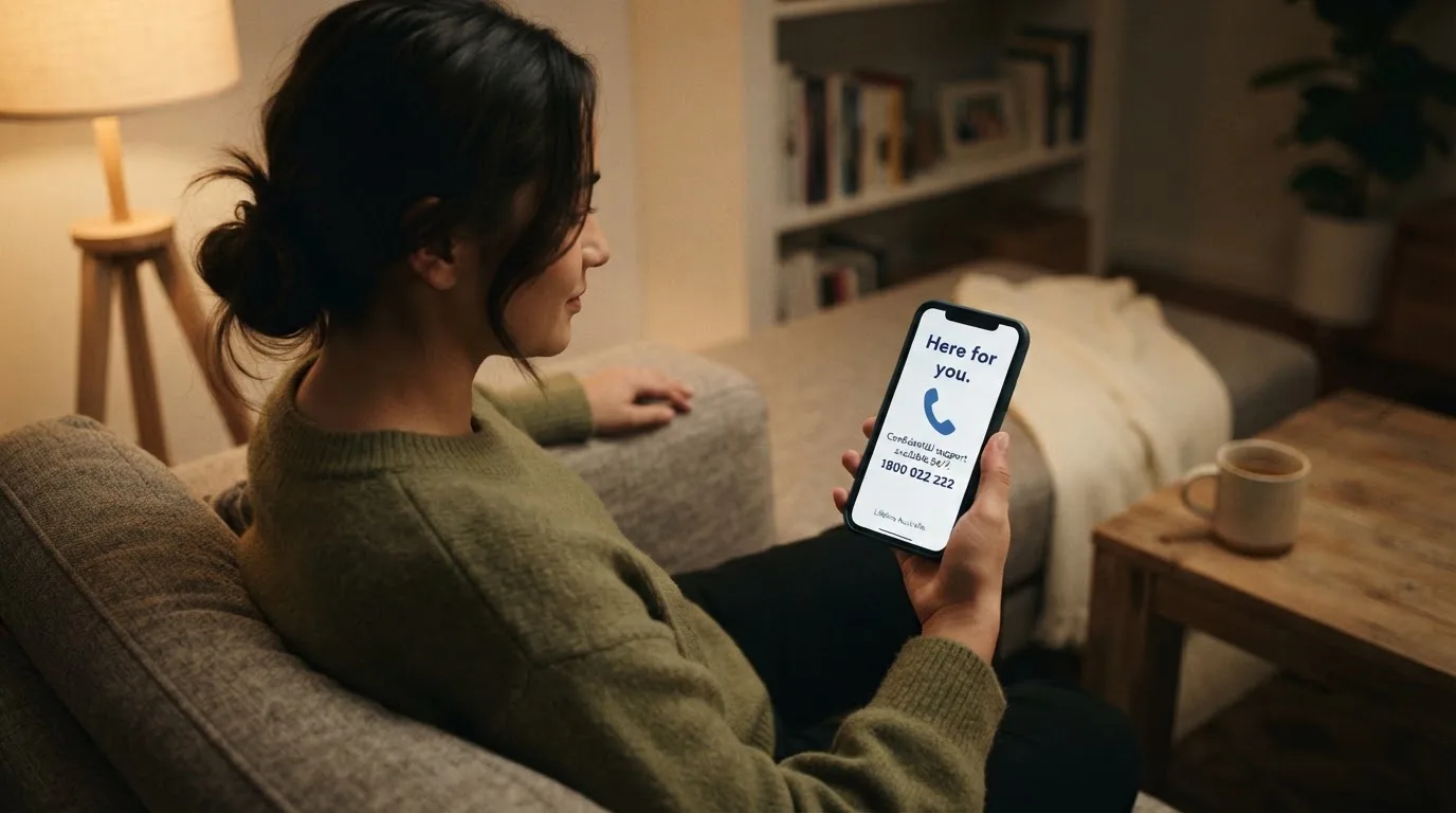 A person sitting calmly with a phone open to a support helpline page, no gaming screen visible.