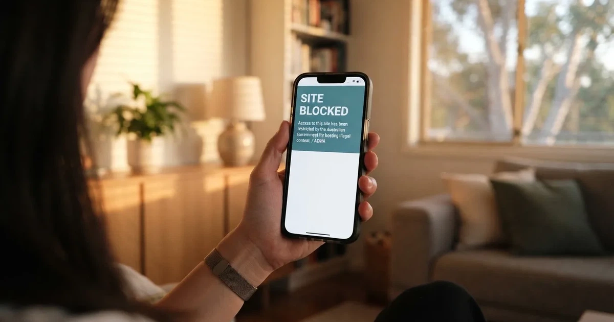 A smartphone screen showing a plain government warning notice about a blocked website, held against a blurred background.
