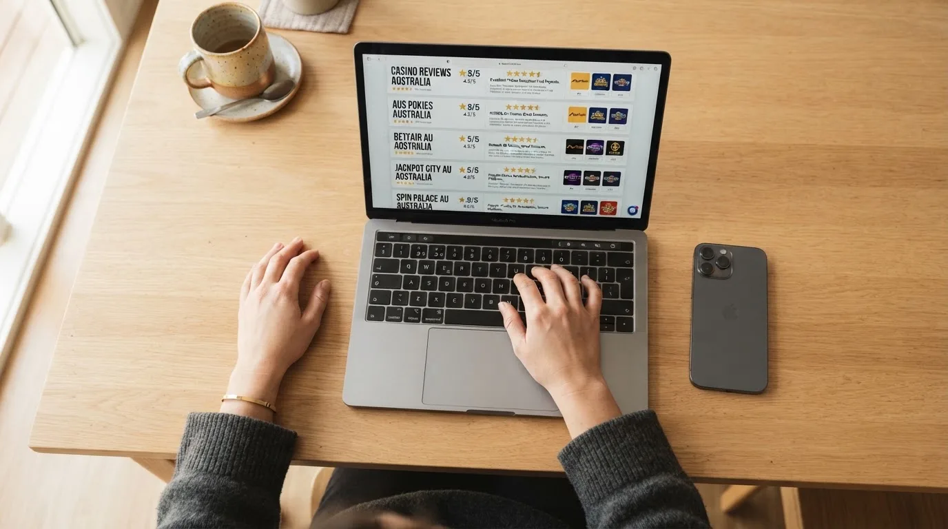A person at a kitchen table scrolling through review pages on a laptop, phone face-down beside them.