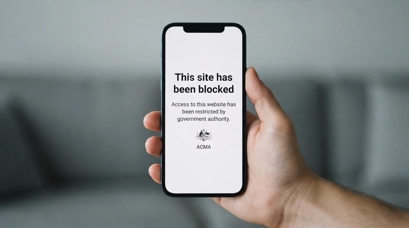 A smartphone screen showing a plain government warning notice about a blocked website, held against a blurred background.