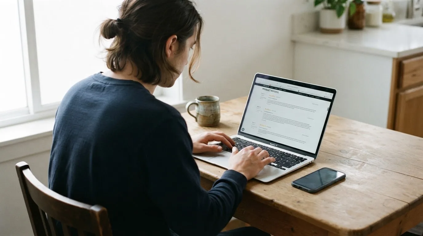 A person at a kitchen table scrolling through review pages on a laptop, phone face-down beside them.