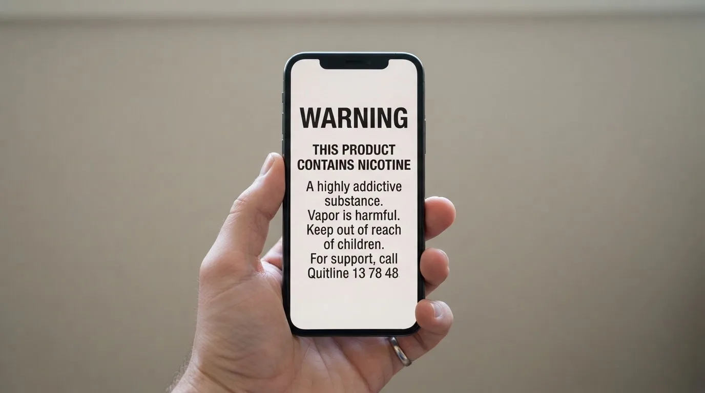 A smartphone screen showing a plain government warning notice about a blocked website, held against a blurred background.