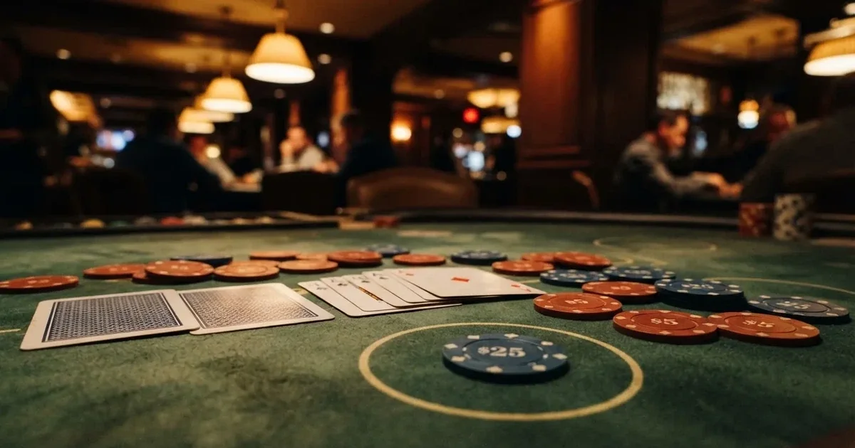 A close-up of a green felt gaming table with cards and chips mid-hand.