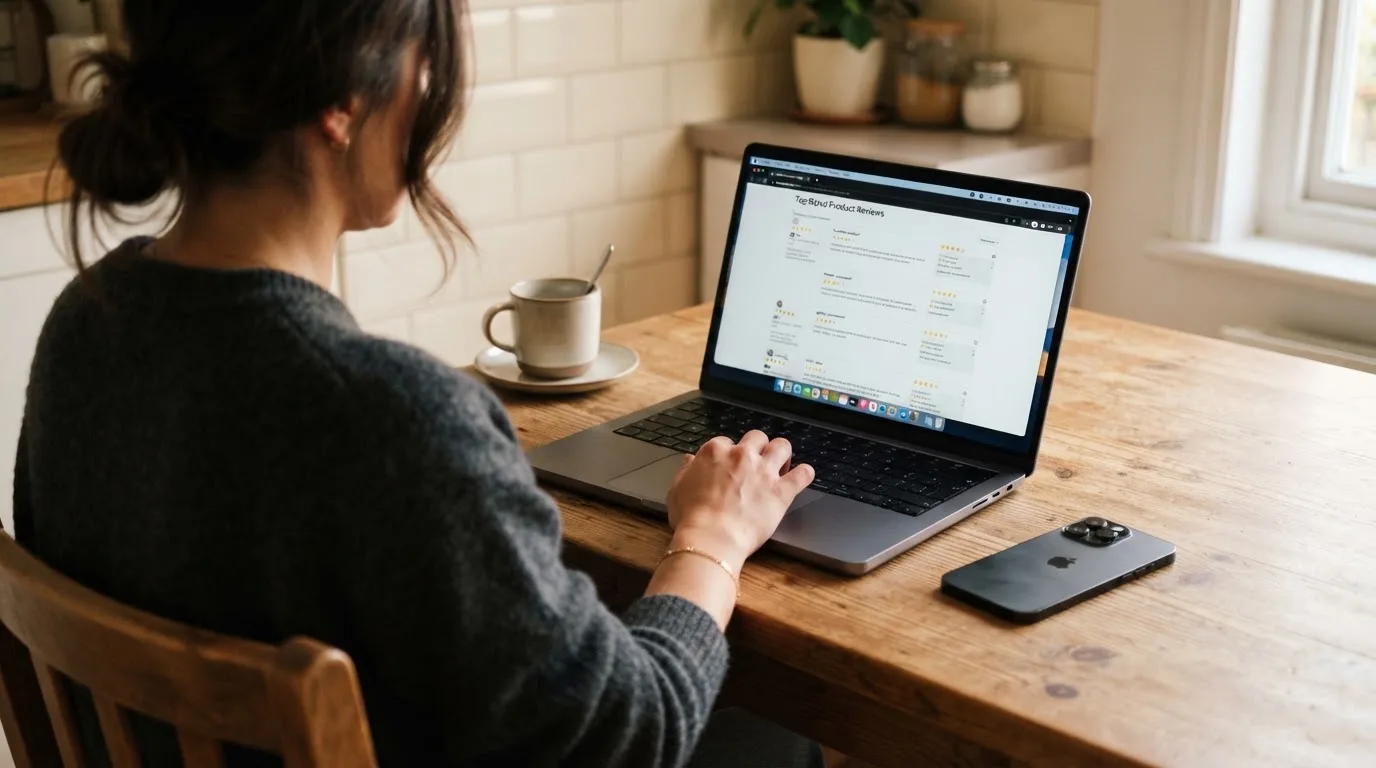 A person at a kitchen table scrolling through review pages on a laptop, phone face-down beside them.
