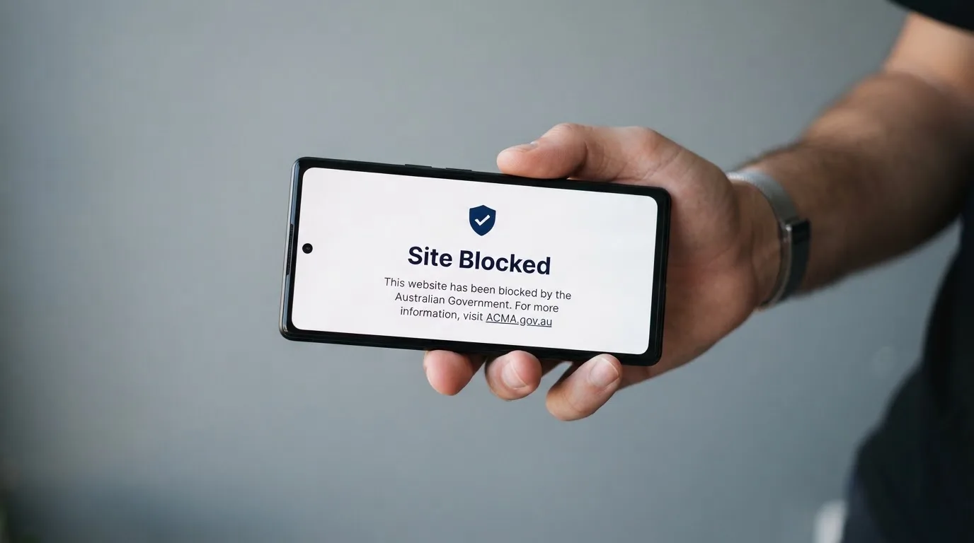 A smartphone screen showing a plain government warning notice about a blocked website, held against a blurred background.