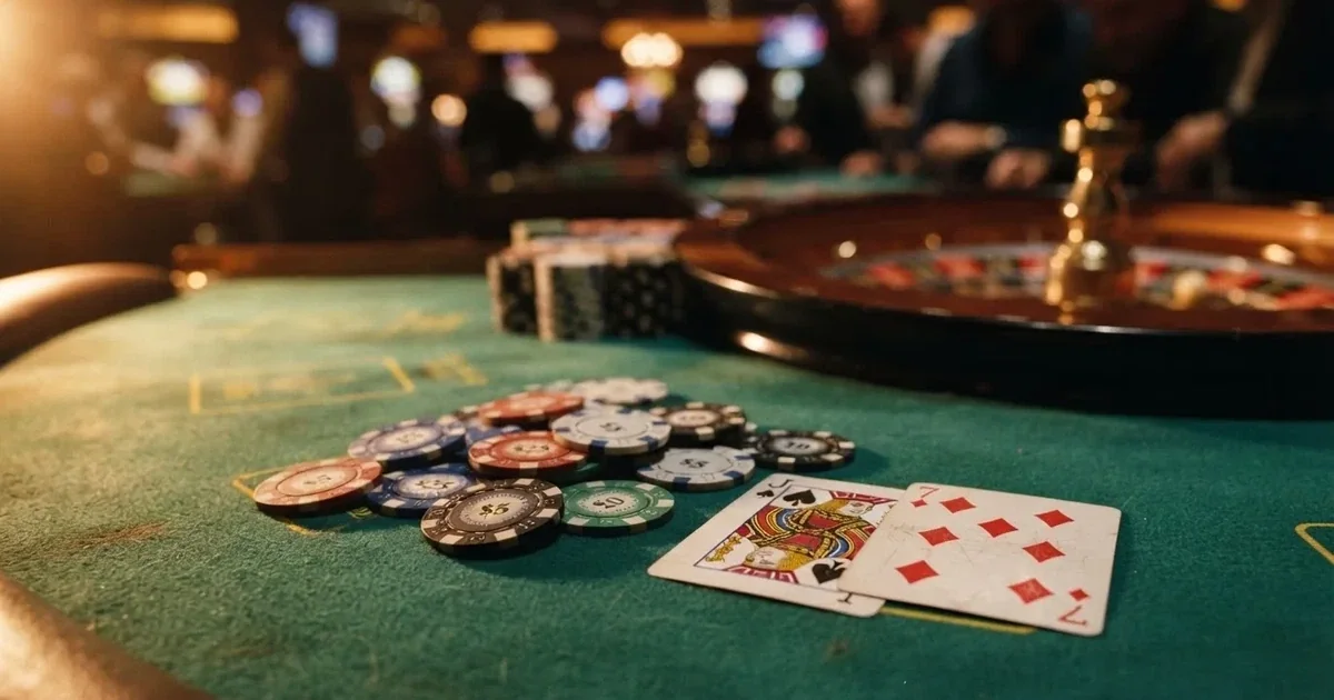 A close-up of a green felt gaming table with cards and chips mid-hand.