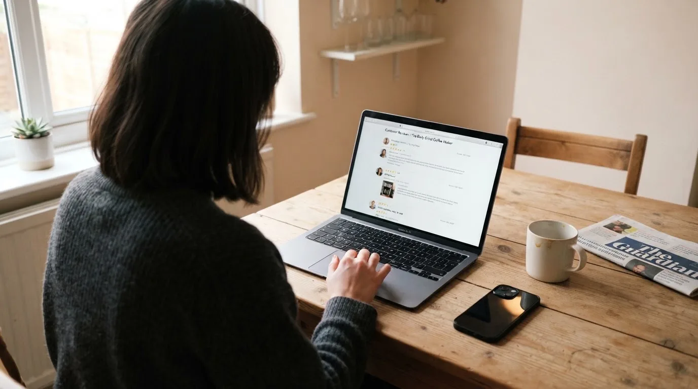 A person at a kitchen table scrolling through review pages on a laptop, phone face-down beside them.