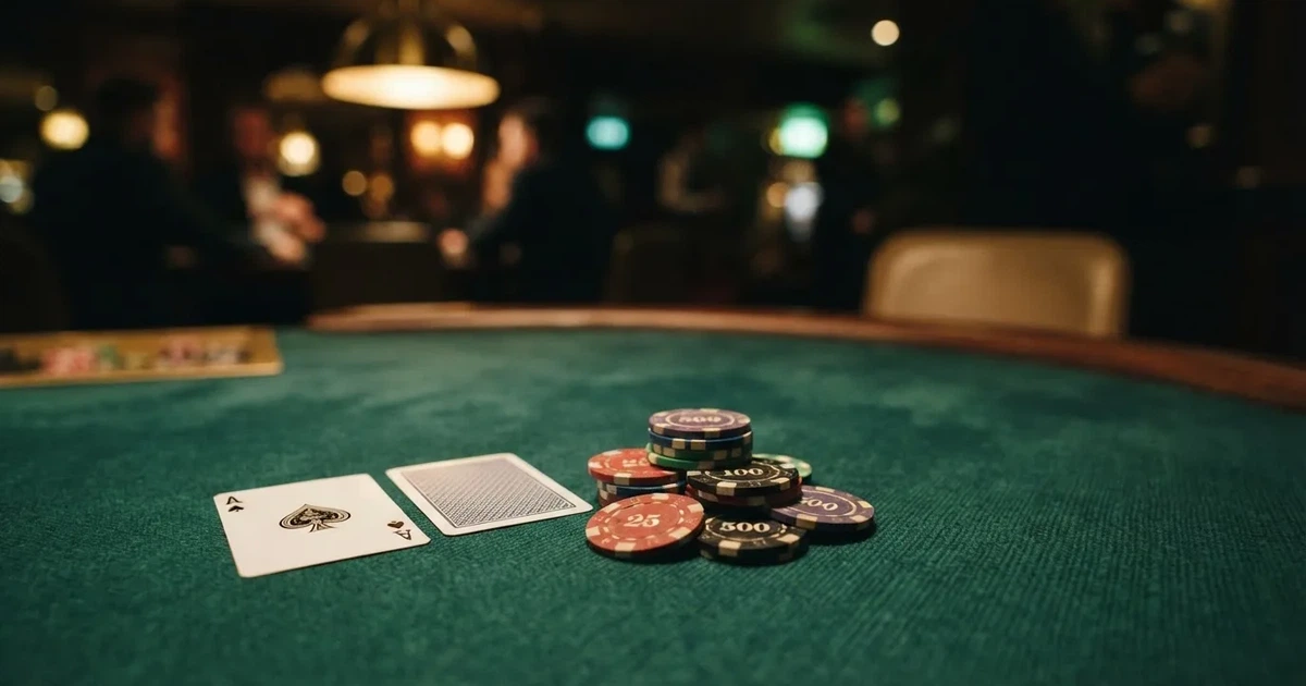 A close-up of a green felt gaming table with cards and chips mid-hand.