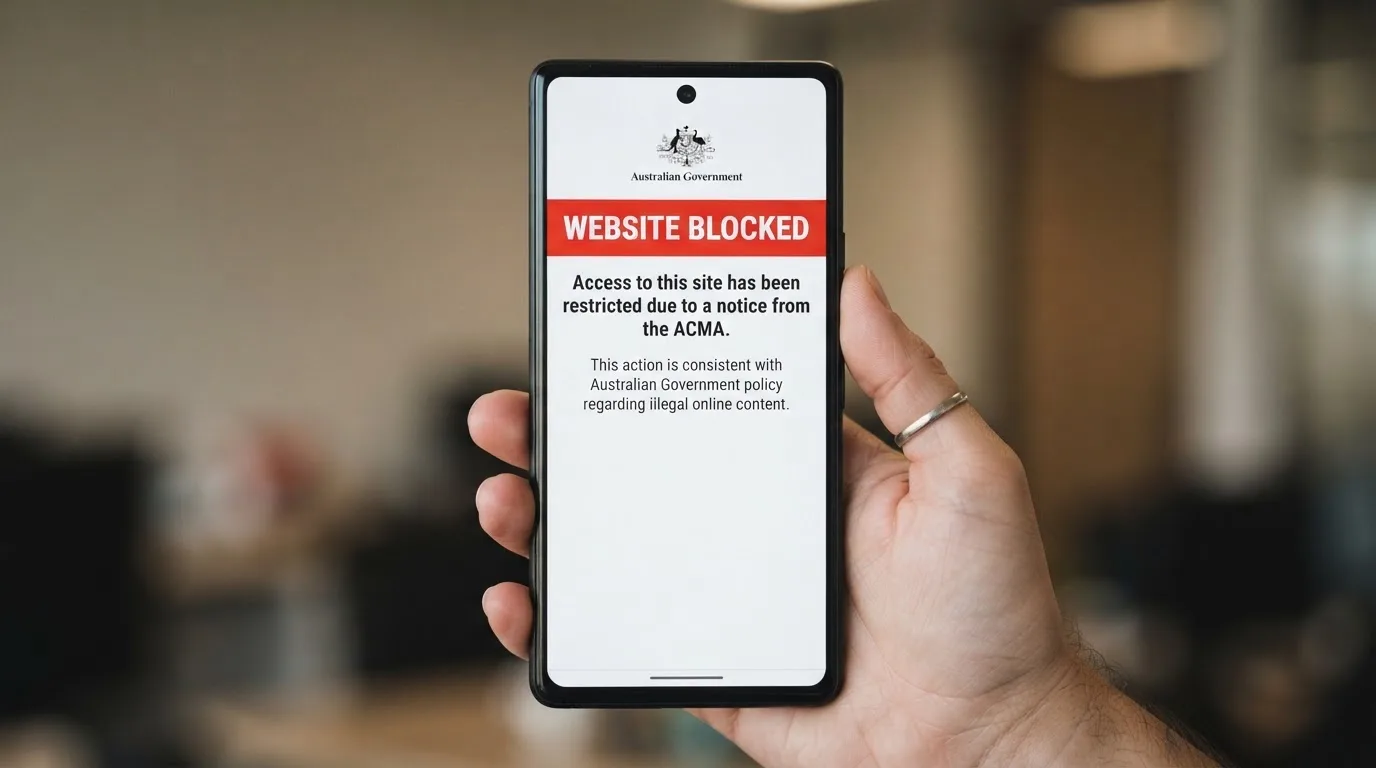 A smartphone screen showing a plain government warning notice about a blocked website, held against a blurred background.