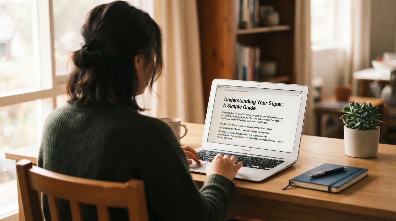 A person at a laptop reading a plain-language explainer article at a home desk.