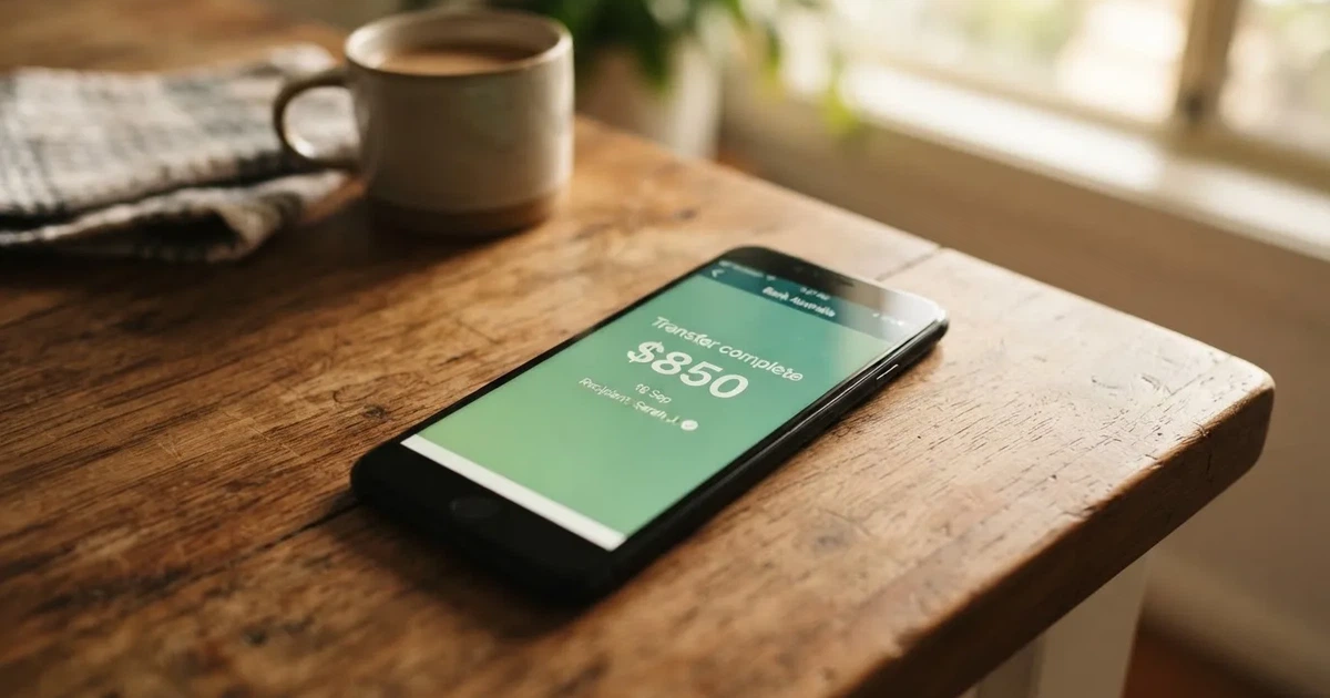 A close-up of a banking app on a smartphone showing a same-day transfer confirmation on a kitchen table.