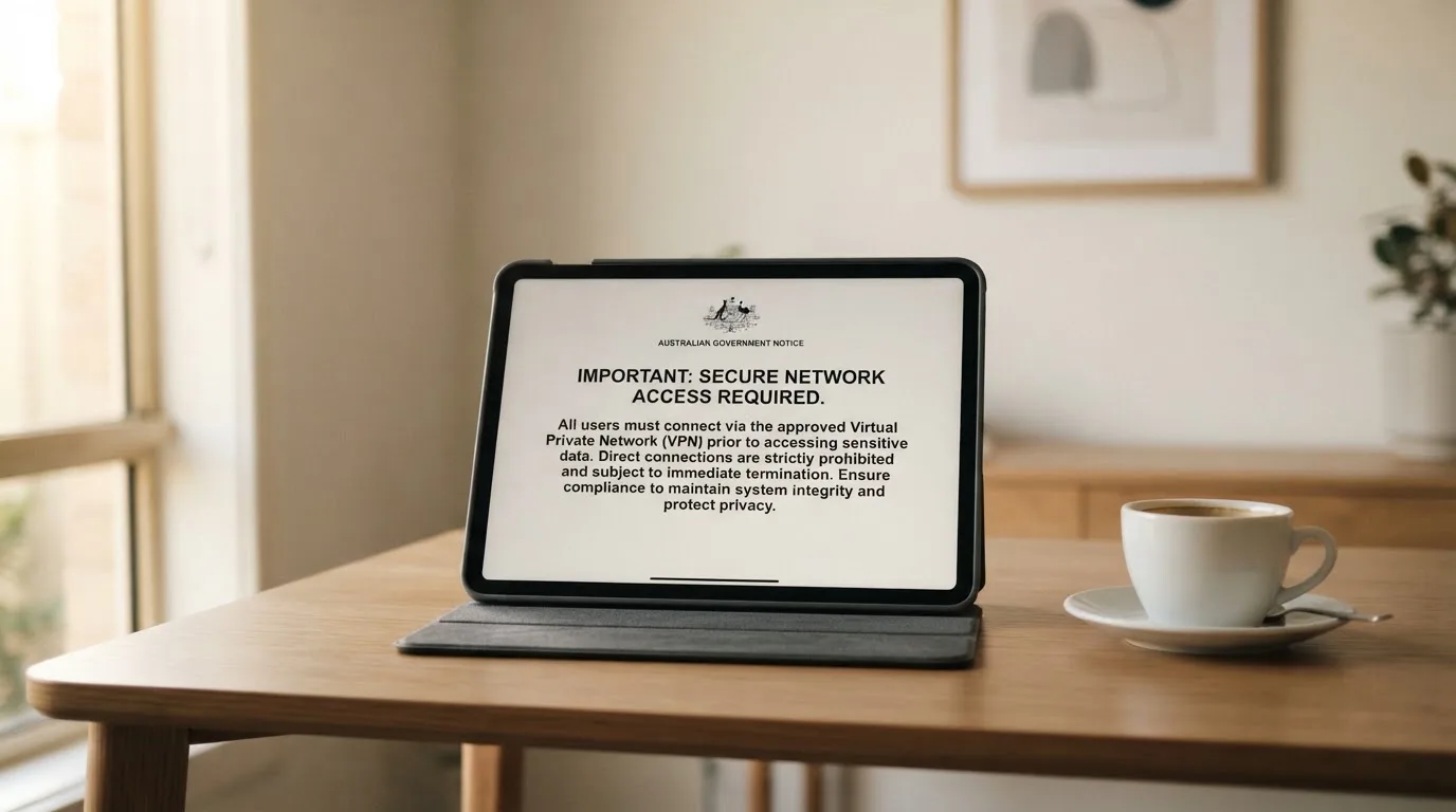 A tablet screen displaying an official regulator warning notice on a desk beside a coffee cup.