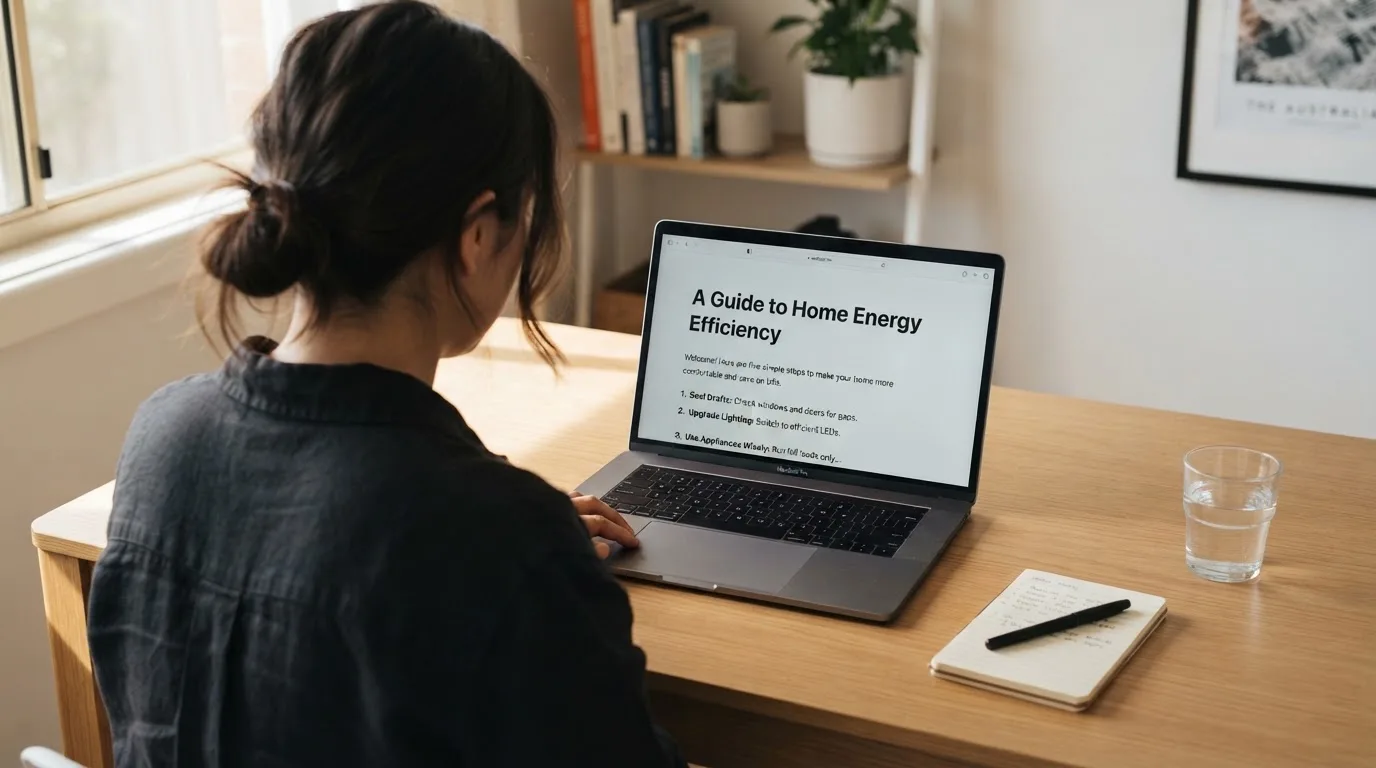 A person at a laptop reading a plain-language explainer article at a home desk.