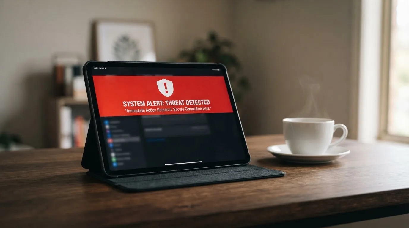 A tablet screen displaying an official regulator warning notice on a desk beside a coffee cup.