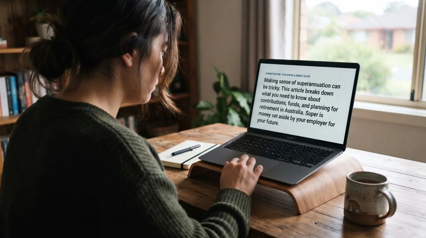 A person at a laptop reading a plain-language explainer article at a home desk.