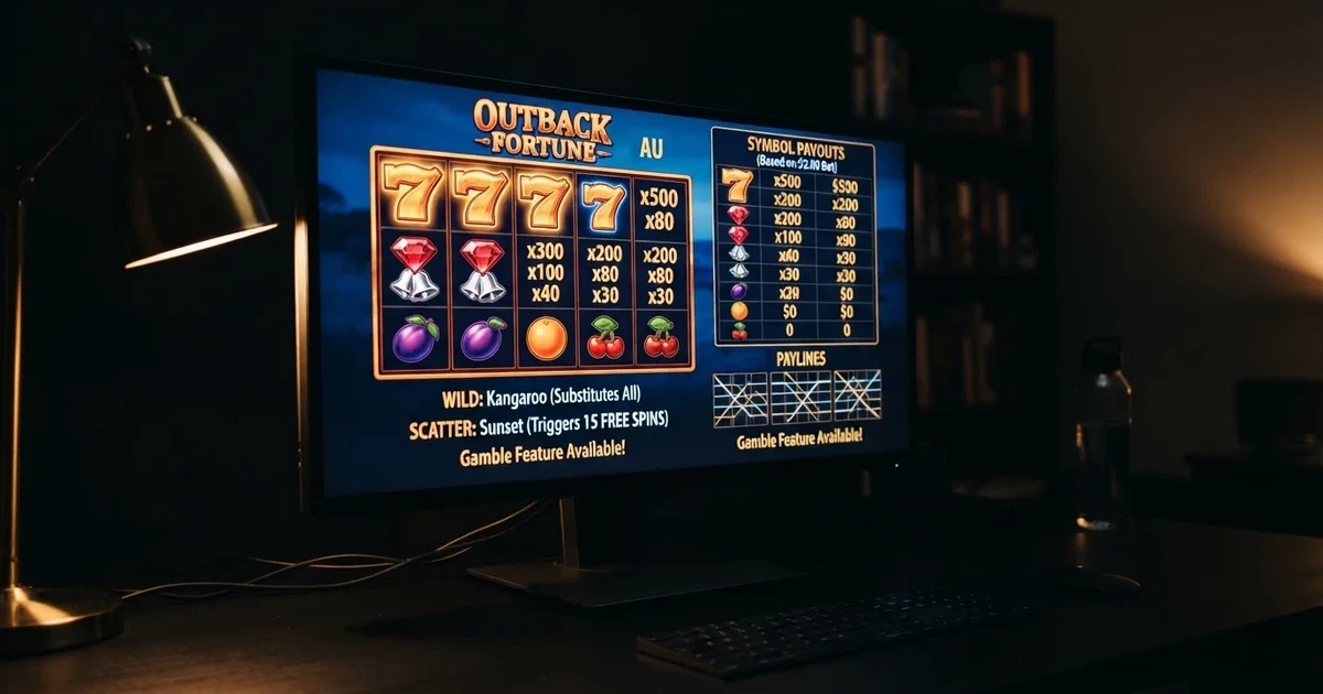 A slot machine's paytable screen glowing on a monitor in a dim room.