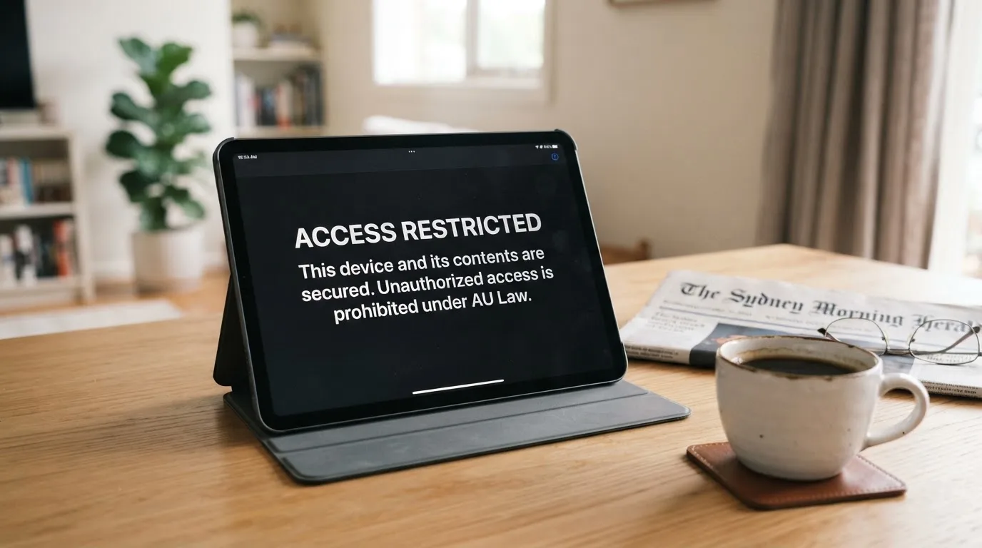 A tablet screen displaying an official regulator warning notice on a desk beside a coffee cup.