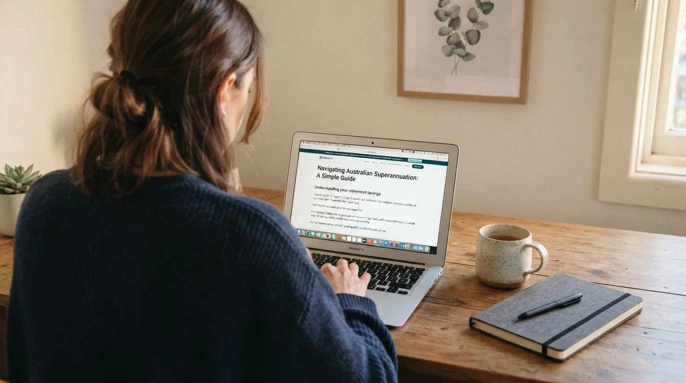 A person at a laptop reading a plain-language explainer article at a home desk.