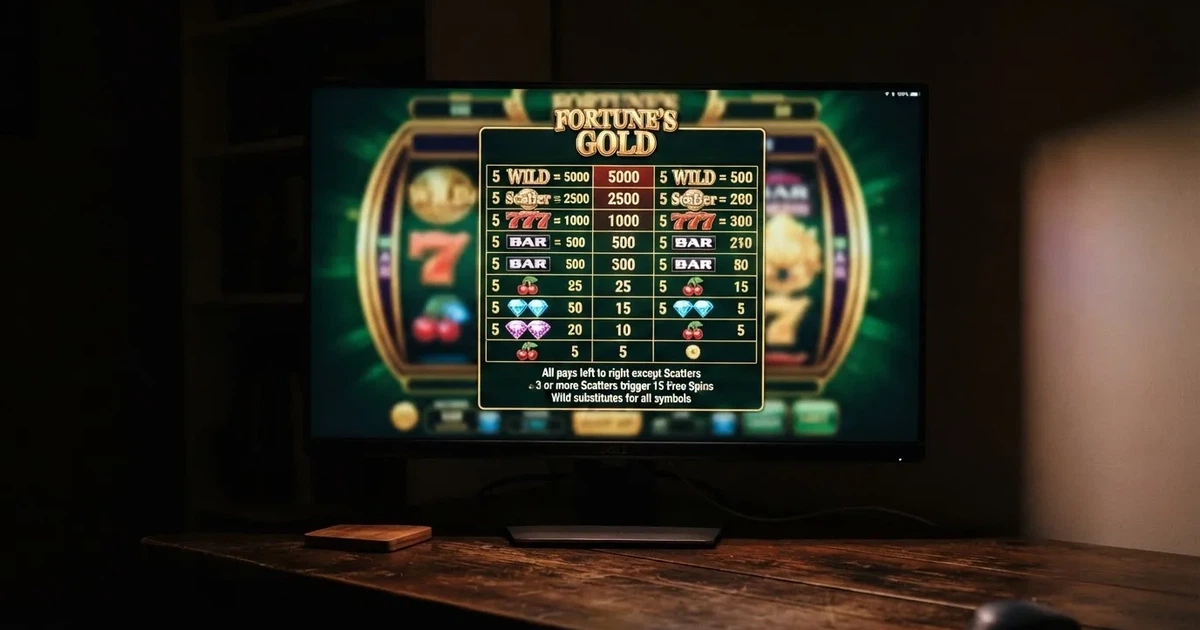 A slot machine's paytable screen glowing on a monitor in a dim room.