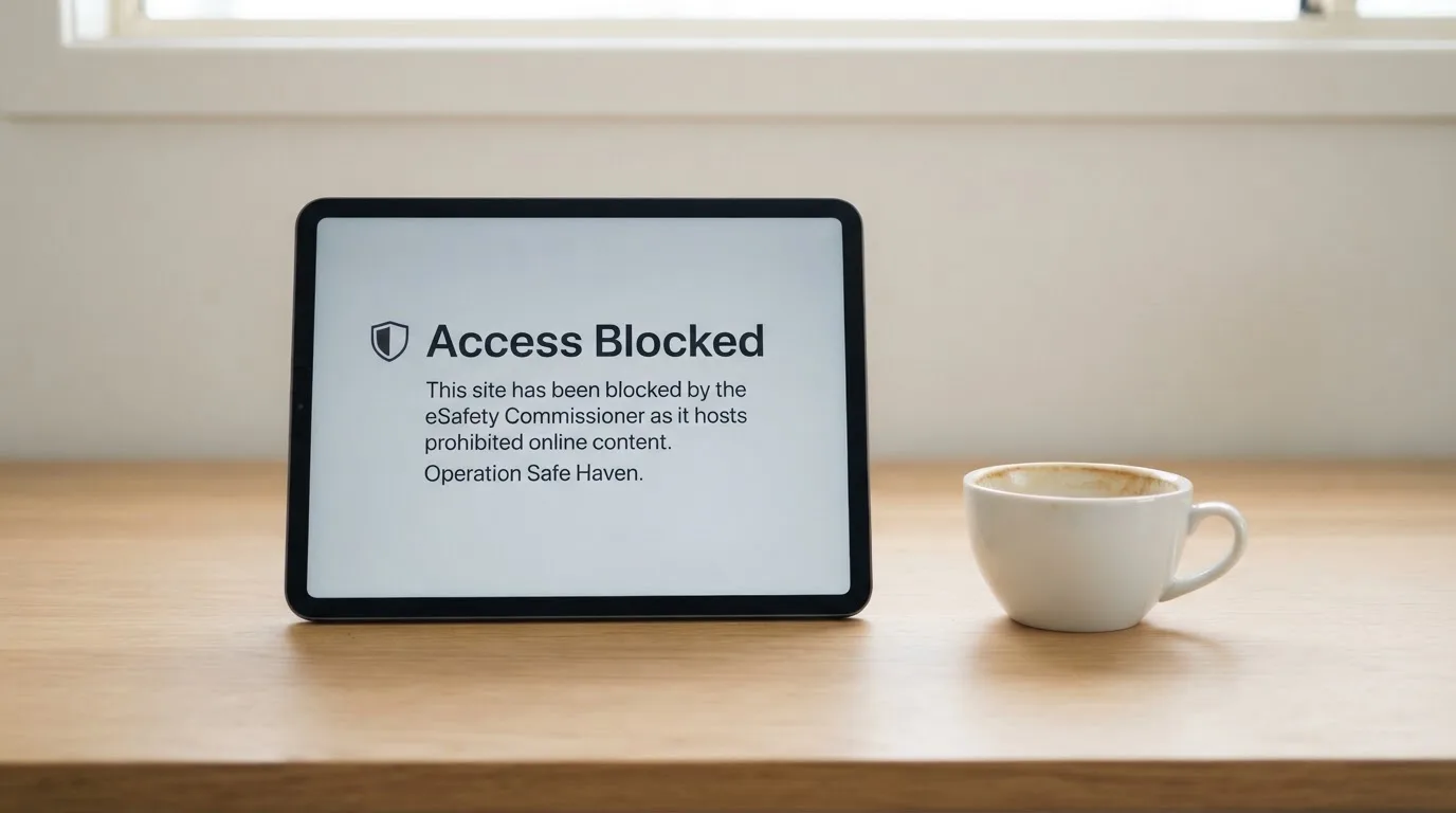 A tablet screen displaying an official regulator warning notice on a desk beside a coffee cup.
