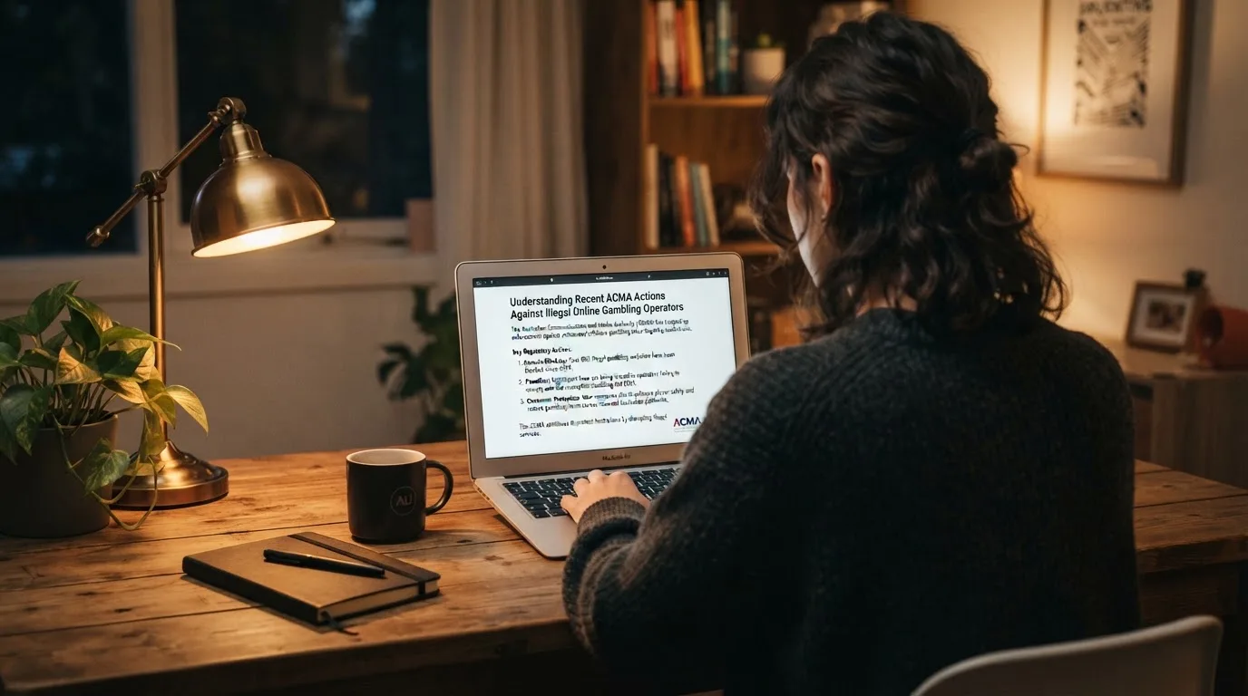 A person at a laptop reading a plain-language explainer article at a home desk.