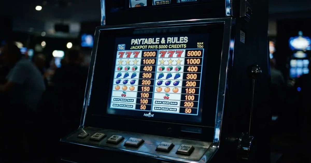 A slot machine's paytable screen glowing on a monitor in a dim room.