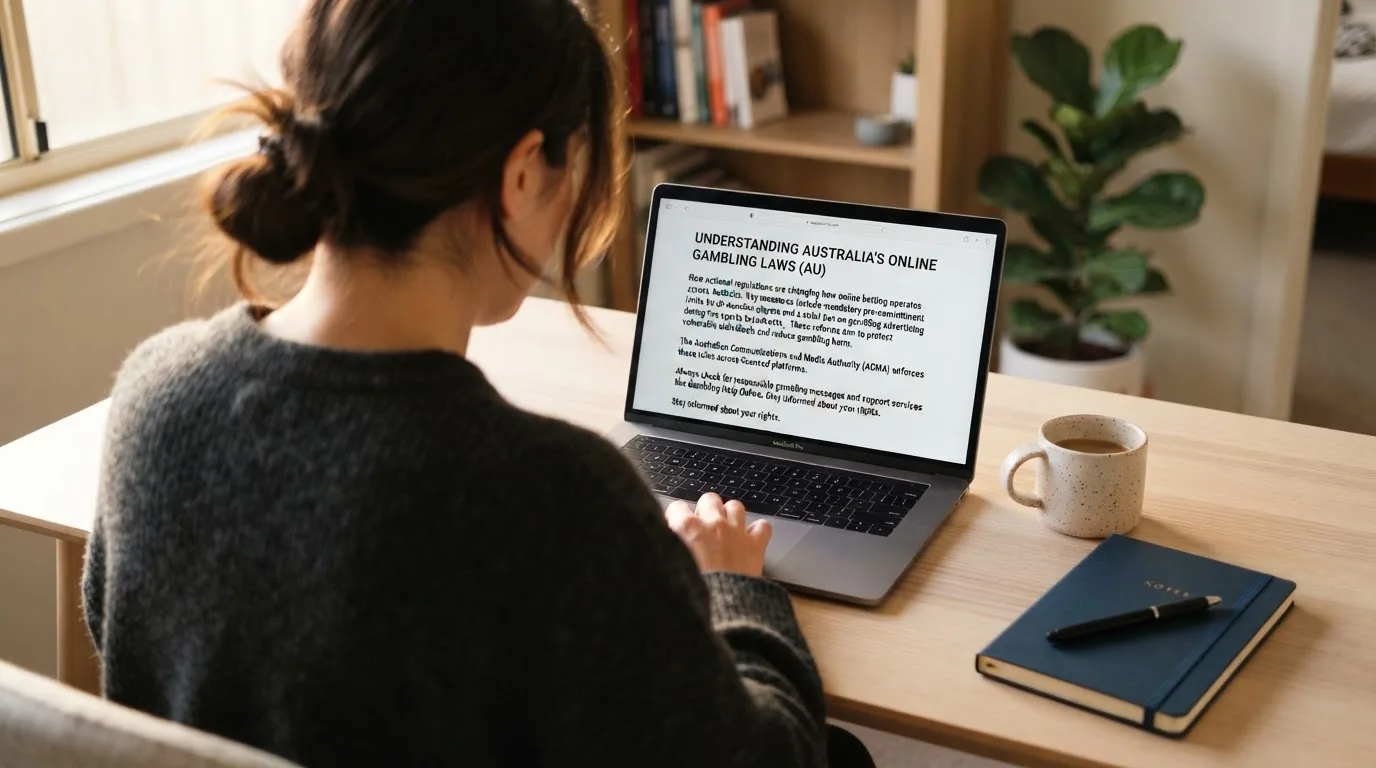 A person at a laptop reading a plain-language explainer article at a home desk.