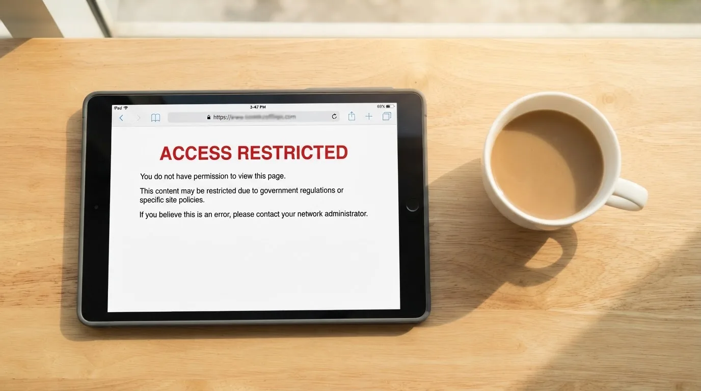 A tablet screen displaying an official regulator warning notice on a desk beside a coffee cup.