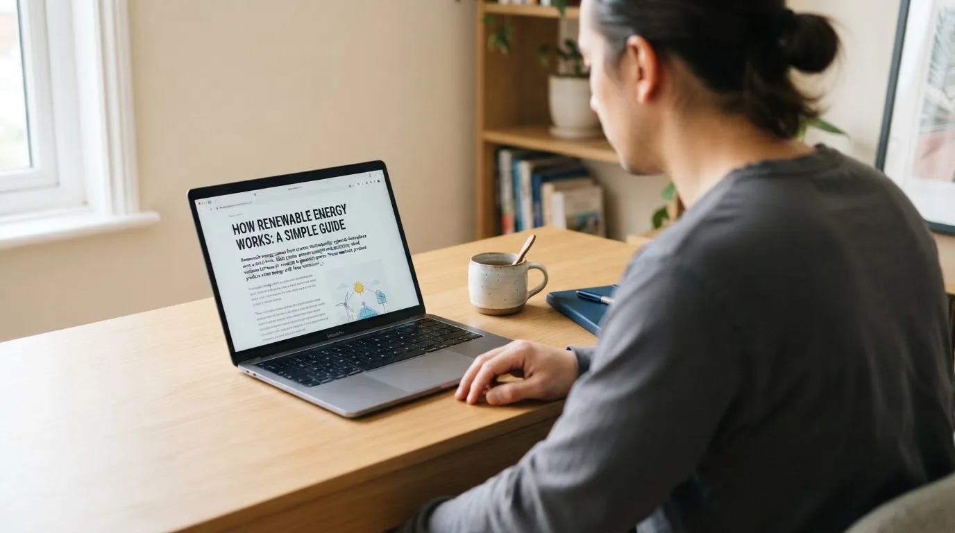 A person at a laptop reading a plain-language explainer article at a home desk.